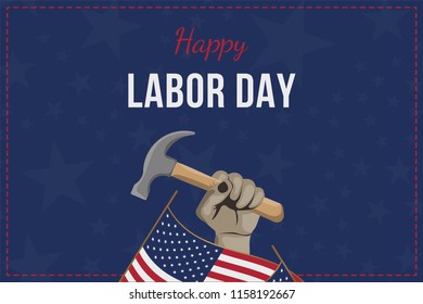 Happy Labor Day holiday banner. Man holds a working tool in his hand. Greeting card with United States national flag.. Flat vector illustration EPS10.