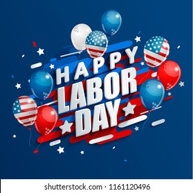 Happy Labor Day holiday banner with ballons in United States national flag colors. Vector illustration.