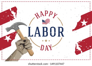 Happy Labor Day holiday banner with a construction tool in hand. Template with United States national flag and original lettering text.