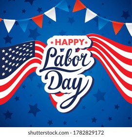 happy labor day holiday banner with united states national flag and garlands hanging vector illustration design