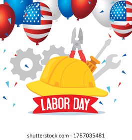 happy labor day holiday banner with helmet secure protection and tools construction vector illustration design