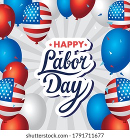 happy labor day holiday banner with balloons helium decoration vector illustration design