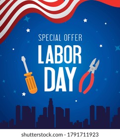 happy labor day holiday banner with pliers and screwdriver tools vector illustration design