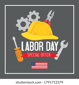 happy labor day holiday banner with safety helmet and tools construction vector illustration design