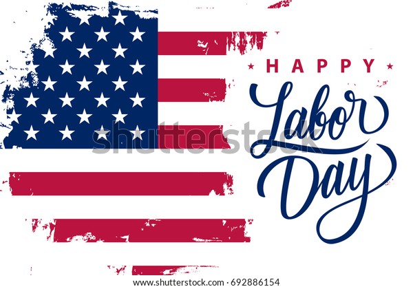 米国の国旗の色と手書きの文字のデザインで ブラシストロークの背景にハッピー レーバー デーのホリデー バナー ベクターイラスト のベクター画像素材 ロイヤリティフリー 692886154