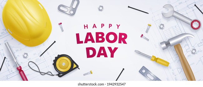 Happy labor day horizontal banner with realistic yellow helmet and tools
