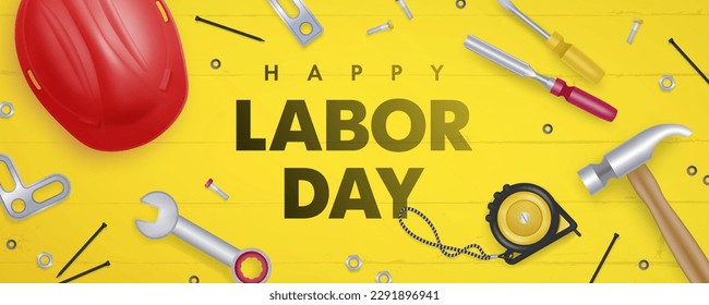 Happy labor day horizontal banner with realistic red helmet and tools on yellow wooden background. Vector illustration