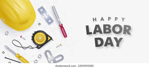 Happy labor day horizontal banner with realistic yellow helmet and tools on white background. Vector illustration