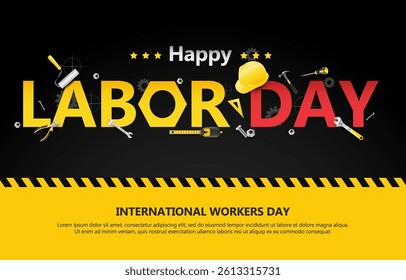 Happy Labor Day horizontal banner with construction tools on yellow and black background. vector eps 10
