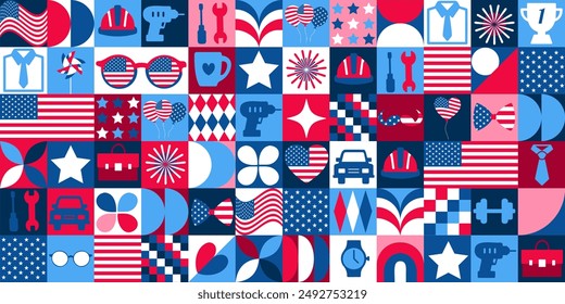 Happy Labor day icons elements with geometric pattern. Bauhaus style. Vector flat design for poster, card, wallpaper, poster, banner, packaging