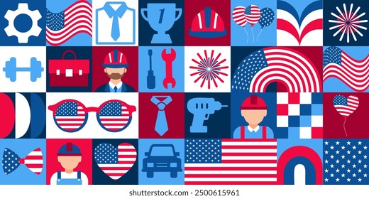 Happy Labor Day icons elements with geometric pattern.A colorful collage of American icons including a man in a tie, a car, a hammer, a wrench, a book, a baseball bat, a firework, a hammer, a wrench