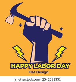 happy labor day illustration vector design with hand and hammer in peach and blue colors in simple style. suitable for logos, icons, posters, advertisements, banners, companies, t-shirt designs, web.