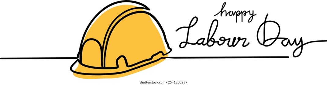 Happy Labor Day or International Labour Day celebration illustration, with yellow hard hat single continuous line art typography