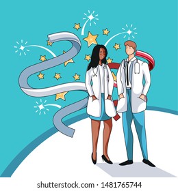 happy labor day label with doctors and decoration
