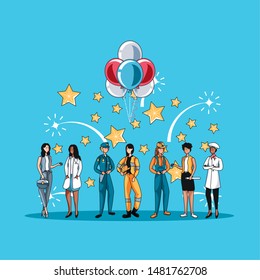 happy labor day label with group of workers female