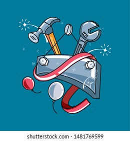 happy labor day label with hammer and wrench tool