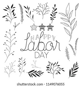 happy labor day label with leafs and stars
