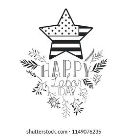 happy labor day label with leafs frame and star