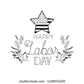 happy labor day label with leafs frame and star