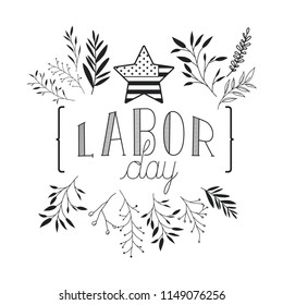 happy labor day label with leafs frame and star
