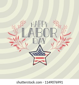 happy labor day label with leafs frame and star