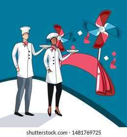 happy labor day label with professionals chef and decoration