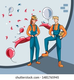 happy labor day label workers construction and decoration