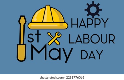 Happy Labor Day, lettering 1st may with yellow helmet. labor instrument Labour Day banner background. International Workers day illustration