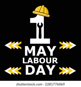 Happy Labor Day, lettering 1st may with yellow helmet. labor instrument Labour Day banner background. International Workers day illustration