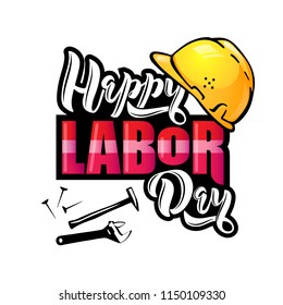 Happy Labor Day lettering. Cartoon design with construction tools and protective helmet. Typography vector design for Labor day greeting cards and poster. Design template celebration. Vector 