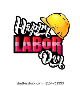 Happy Labor Day lettering. Cartoon design with construction tools and protective helmet. Typography vector design for Labor day greeting cards and poster. Design template celebration. Vector 