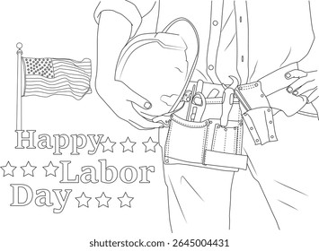 Happy Labor Day line art illustration for coloring page featuring a construction worker with hard hat and tool belt next to the American flag, celebrating the US holiday of labor.