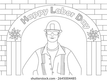 Happy Labor Day Line Art Illustration for Coloring Book: Outline Drawing of a Construction Worker in Hard Hat and Safety Glasses Under a Decorative Arch with Text