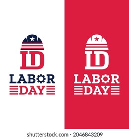 Happy Labor Day Logo Design. Letter Monogram LD for Labor Day with Construction Helmet. Vintage Retro Hipster Logo Design Template.