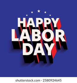 Happy Labor Day logo design with modern 3D text effect isolated on blue background. Labor Day celebration as US holiday banner, poster, sticker, label, tag. Labour Day template.