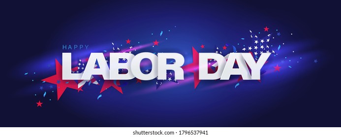 Happy Labor Day long horizontal banner. USA festive design in national colors of american flag and stars pattern. Template  for sale, discount, advertisement, web. 