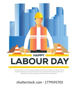 Happy Labour Day mit dem Menschen Arbeitnehmer vor dem Bau der Stadt für Poster International Arbeitstag. Vektorgrafik am Arbeitstag