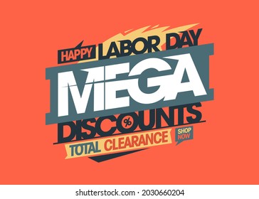 Happy labor day mega discounts, total clearance vector sale banner  mockup