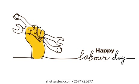 Happy Labor Day minimalist vector background.Yellow hand holding tools one continuous line art vector illustration.
