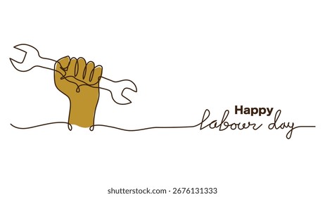 Feliz Dia do Trabalho minimalista vetor fundo.Amarelo mão segurando ferramentas uma ilustração de arte de linha contínua.