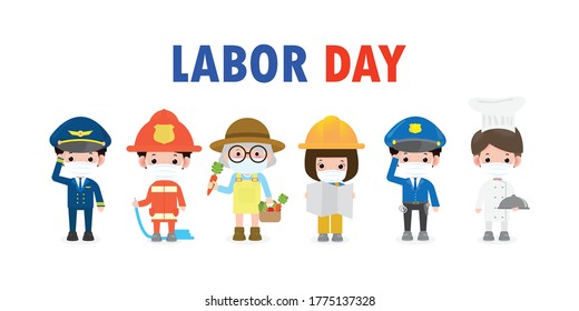 Happy Labor Day for new normal lifestyle concept, People Of Different Occupations wearing face mask protect coronavirus covid-19 poster isolated on white background Vector illustration