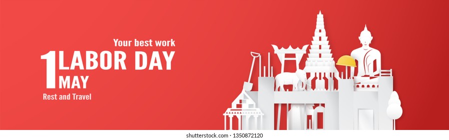 Happy Labor day on 1 May of years. Template design for banner, poster, cover, advertisement, website. Vector illustration in paper cut and craft style on red background.