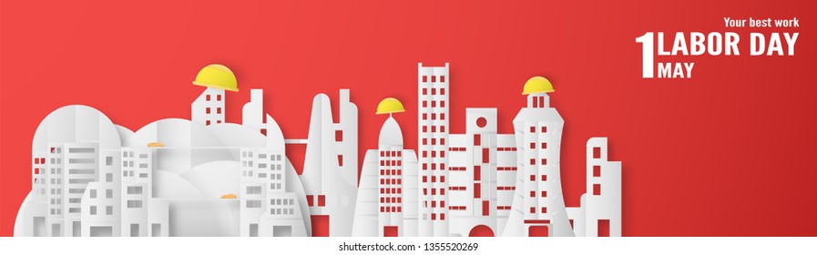 Happy Labor day on 1 May of years. Template design for banner, poster, cover, advertisement, website. Vector illustration in paper cut and craft style on red background.