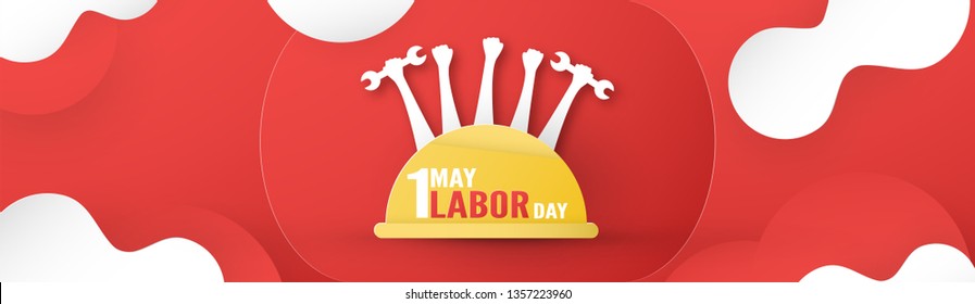 Happy Labor day on 1 May of years. Template design for banner, poster, cover, advertisement, website. Vector illustration in paper cut and craft style on red background.