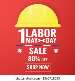 Happy Labor day on 1 May. Template design for banner, poster, cover, advertisement, website. Vector illustration in paper cut and craft style on red background.