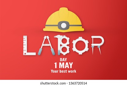 Happy Labor day on 1 May. Template design for banner, poster, cover, advertisement, website. Vector illustration in paper cut and craft style on red background.