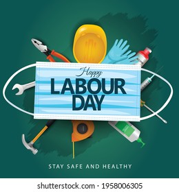 happy Labor Day On 1 May. tools top view. coronavirus, covid-19 concept. vector illustration.	