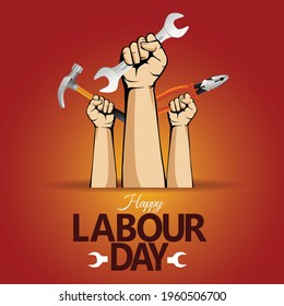 happy Labor Day On 1 May with man hand holding tools. vector illustration design.