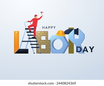 Happy Labor Day. On the letters in construction style there is a man with a flag. Vector illustration.