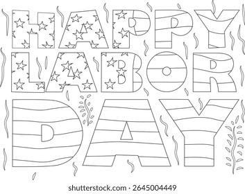 Happy Labor Day outline illustration, patriotic stars and stripes pattern for coloring, graphic design, and holiday projects.